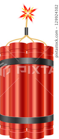 Illustration of dynamite sticks bundled together with a burning fuse against a black background. 129924382