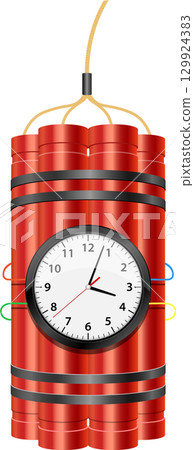 A red dynamite bundle with a clock attached, fuse at the top, signifying a time bomb concept. A red dynamite bundle with a clock attached, fuse at the top, signifying a time bomb concept. 129924383