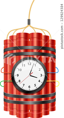 A bundle of red cylindrical explosives is bound together with a clock attached to the middle. 129924384
