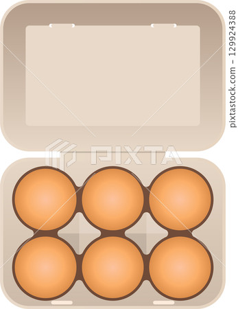 An open cardboard container contains six brown eggs. The container is light brown. 129924388