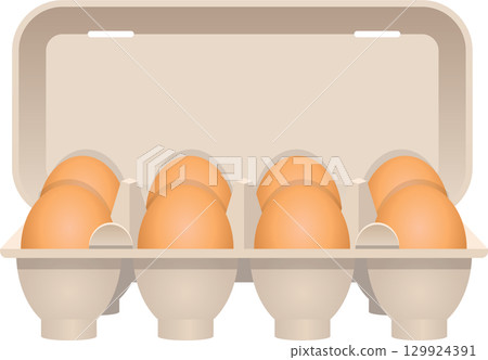 Eight brown eggs arranged neatly in a beige carton, ready for cooking or baking in the kitchen. 129924391