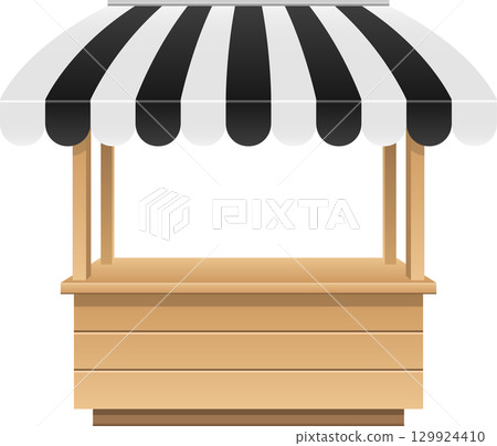 A wooden vendor's stand with a striped awning overhead creates a welcoming retail space. 129924410