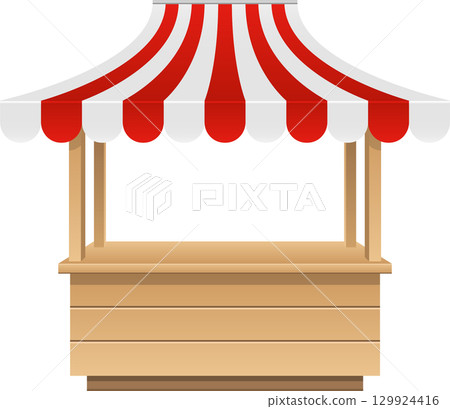 Illustration of a wooden market stall with a red and white striped awning against a black background. 129924416