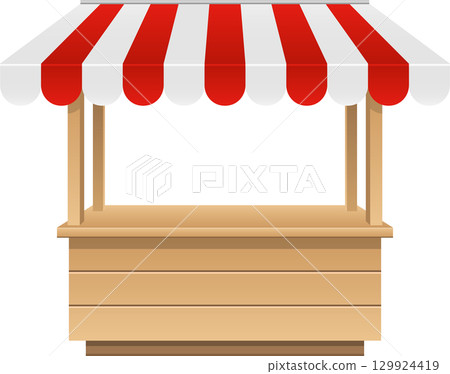 Empty marketplace stall with a red and white striped canopy, ready for merchants and shoppers. 129924419