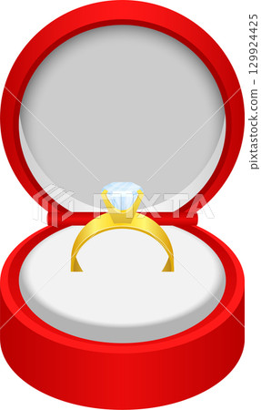 Engagement ring with shining diamond, presented in an opened ring box for a special surprise. Engagement ring with shining diamond, presented in an opened ring box for a special surprise. 129924425