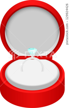 A sparkling diamond ring sits nestled in a bright red ring box, ready for a special occasion. 129924426