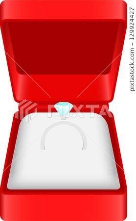 A red, open jewelry box showcases a diamond ring, hinting at love, commitment, and celebration. 129924427