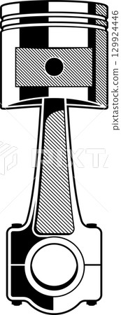 Monochrome engine piston and connecting rod rendered with geometric shapes and lines in black and white. Monochrome engine piston and connecting rod rendered with geometric shapes and lines in black and white. 129924446
