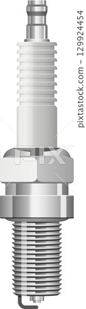 Close-up of a metallic spark plug with detailed threading and construction, isolated on black. 129924454