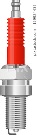 Close-up of a shiny, metallic engine component with red insulation detailing, set against black. 129924455