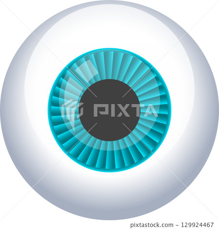 Illustration of a blue iris with a dark pupil set in a shiny white eyeball graphic. 129924467