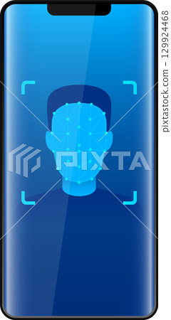Smartphone implementing facial recognition to grant access, digital security and technology. 129924468