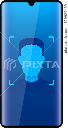 Face recognition scan being displayed on a generic smartphone device against a gradient background. 129924469
