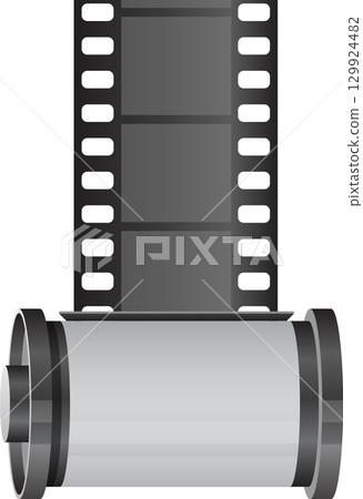 A film reel with gray film roll and dark grey film strip isolated on a black background. A film reel with gray film roll and dark grey film strip isolated on a black background. 129924482
