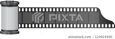 Roll of film with several blank gray frames enclosed by a perforated black border Roll of film with several blank gray frames enclosed by a perforated black border 129924490