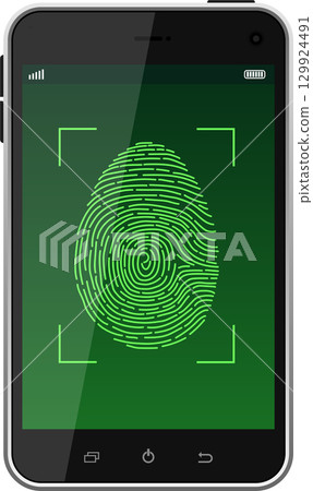 A digital fingerprint displayed on a smartphone, symbolizing security and biometric technology. 129924491