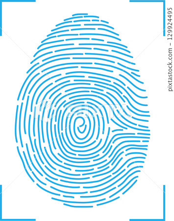 A highly detailed, bright blue fingerprint is displayed against a black background. Identification. 129924495