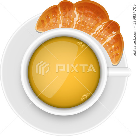 Illustration of a cup of tea with a croissant; warm and inviting for a peaceful morning. 129924709