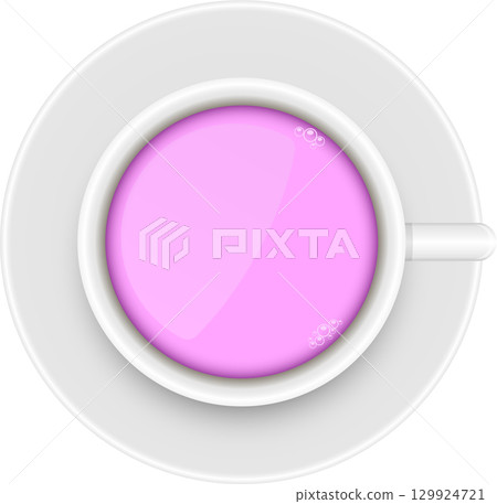 Top-down view of a white cup and saucer filled with a vibrant pink liquid and small bubbles. 129924721