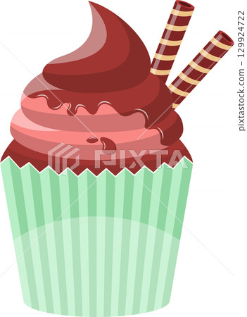 A decadent cupcake with chocolate frosting, wafer straws, and a striped paper wrapper. Sweet treat. 129924722
