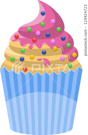 Colorful frosted cupcake with candy spheres and blue striped liner on black background. Vector. 129924723