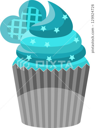 Stylized cupcake illustration with blue frosting, star decorations, and waffle heart. Stylized cupcake illustration with blue frosting, star decorations, and waffle heart. 129924726