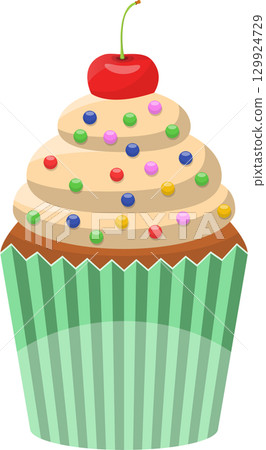 Delicious cupcake with creamy frosting, colorful sprinkles, and a bright red cherry on top. 129924729