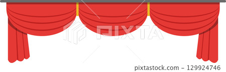 A decorative red swag curtain hanging from a gray rod, adding drama to a stage backdrop. 129924746