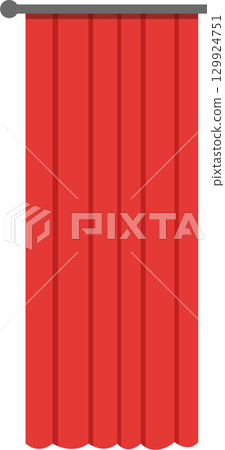 A vibrant, solid red curtain hangs from a dark gray rod, simple elegant design element vector. 129924751