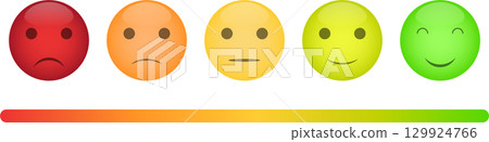 Graphical representation of a mood scale ranging from negative to positive emotions via smiling faces. 129924766