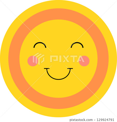 Whimsical yellow circle with a joyful expression, featuring soft pink cheeks and a warm smile. Whimsical yellow circle with a joyful expression, featuring soft pink cheeks and a warm smile. 129924791