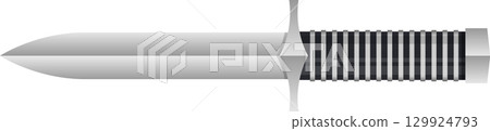 Illustration of a silver-colored dagger featuring a pointed blade, crossguard, and textured handle. 129924793