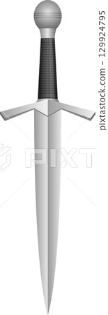 A medieval-style dagger with a silver blade, dark handle, and black background is centered. 129924795