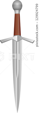 Detailed image of a dagger with a silver blade, brown handle, and horizontal guard. Sharp. Detailed image of a dagger with a silver blade, brown handle, and horizontal guard. Sharp. 129924799