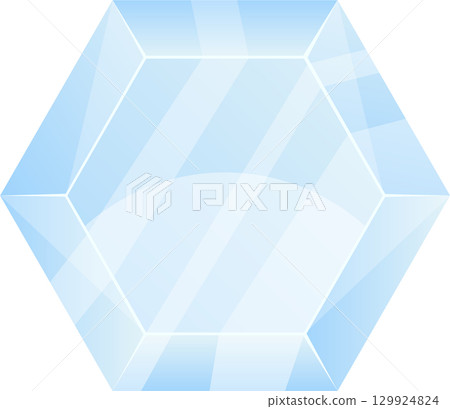 A light blue gem in a hexagonal shape, glistening with light and appearing translucent on black. 129924824