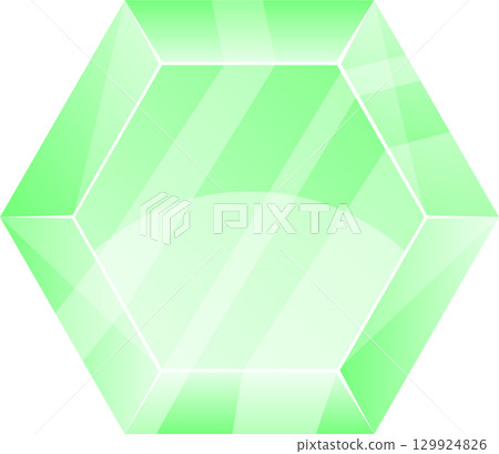 A digitally rendered, luminous light-green gemstone with multiple facets and a hexagonal shape. 129924826