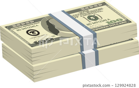 Two stacks of banded hundred dollar bills, representing wealth, savings, and economic success. 129924828