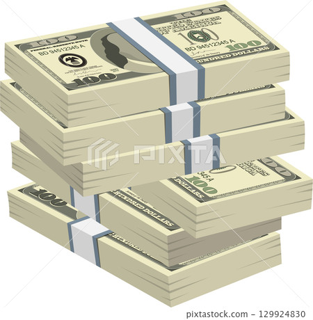 Stacked bundles of currency. Pile of money with straps. Conceptual wealth and finance image. 129924830