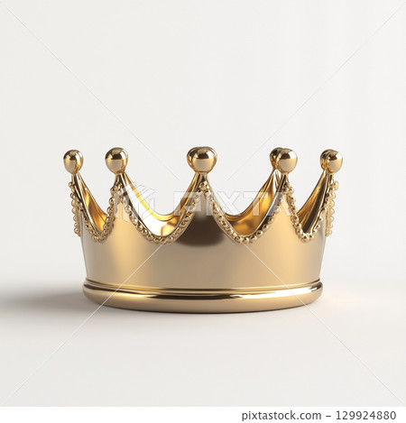 A shiny, polished golden crown with spiked points and orbs on top is depicted against a simple, clean white background, suggesting luxury and royalty. 129924880