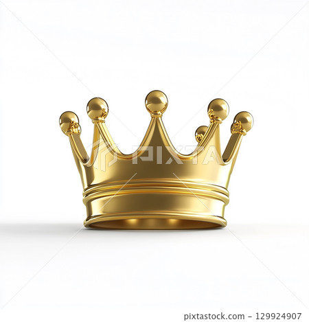 A shiny, polished golden crown with spiked points and orbs on top is depicted against a simple, clean white background, suggesting luxury and royalty. 129924907