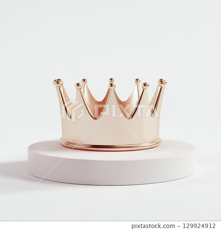 A shiny, polished golden crown with spiked points and orbs on top is depicted against a simple, clean white background, suggesting luxury and royalty. 129924912
