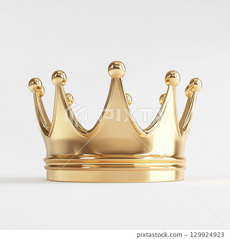 A shiny, polished golden crown with spiked points and orbs on top is depicted against a simple, clean white background, suggesting luxury and royalty. 129924923