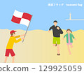 一名護林員舉著海嘯旗，一名家長和一名孩子正在撤離 129925059
