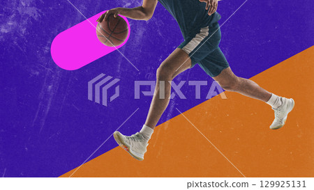 Digital collage of basketball dribble with neon glowing trail on geometric background Digital collage of basketball dribble with neon glowing trail on geometric background 129925131