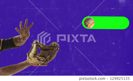 Creative poster of baseball player catching ball with neon glowing trail Creative poster of baseball player catching ball with neon glowing trail 129925135