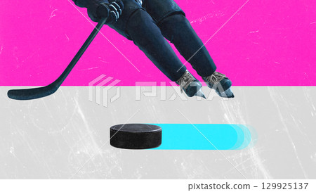 Modern composition of hockey player with puck moving on neon glowing trail Modern composition of hockey player with puck moving on neon glowing trail 129925137