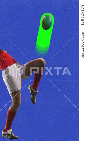 Collage female rugby player kicking with neon glowing trail ball 129925138
