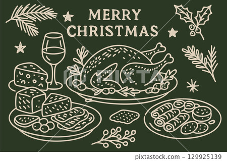 Christmas dinner table with elegant icons. Wine glass, assorted cheese, and charcuterie drawings. Perfect for new year invitations, cafe menus, and parties. Ink doodle vector poster with golden elemen 129925139