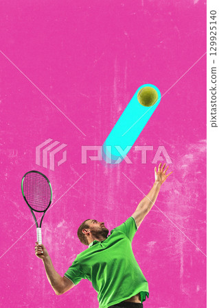 Bold collage of male tennis player serving with neon glowing trail ball 129925140