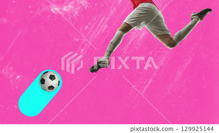 Bright collage of soccer player jumping with neon glowing trail ball on pink blue background 129925144